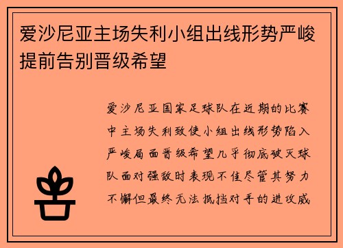 爱沙尼亚主场失利小组出线形势严峻提前告别晋级希望