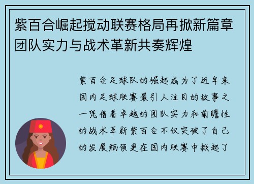 紫百合崛起搅动联赛格局再掀新篇章团队实力与战术革新共奏辉煌