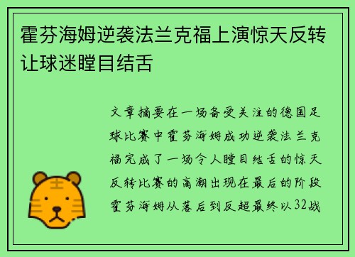 霍芬海姆逆袭法兰克福上演惊天反转让球迷瞠目结舌